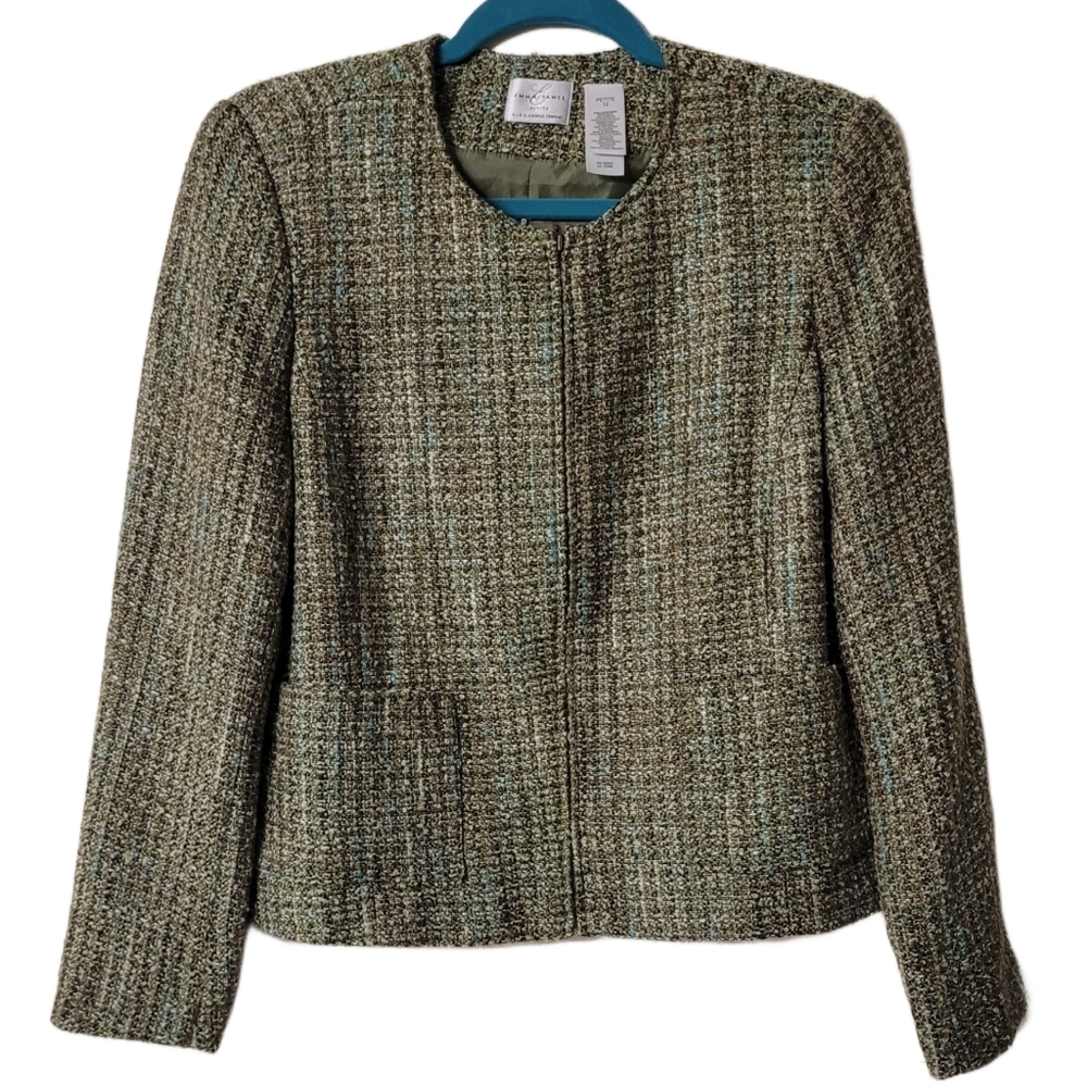 Emma James Vintage Petite Tweed Blazer Zipup Sz12 POl Grn